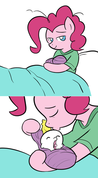 Size: 1193x2159 | Tagged: safe, artist:willdrawforfood1, derpibooru import, pinkie pie, surprise, earth pony, pegasus, pony, baby, baby pony, bed, clothes, cradling, duo, duo female, female, foal, g1, g1 to g4, generation leap, kissing, mare, mother, mother and daughter, newborn, offspring, parent:pinkie pie, shirt