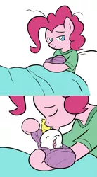 Size: 1193x2159 | Tagged: safe, artist:willdrawforfood1, derpibooru import, pinkie pie, surprise, earth pony, pegasus, pony, baby, baby pony, bed, clothes, cradling, duo, duo female, female, foal, g1, g1 to g4, generation leap, kissing, mare, mother, mother and daughter, newborn, offspring, parent:pinkie pie, shirt