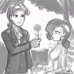 Size: 850x850 | Tagged: artist:johnjoseco, bench, derpibooru import, elusive, female, flower, grayscale, human, humanized, male, monochrome, rarilusive, rarity, rose, rule 63, safe, selfcest, self ponidox, shipping, straight