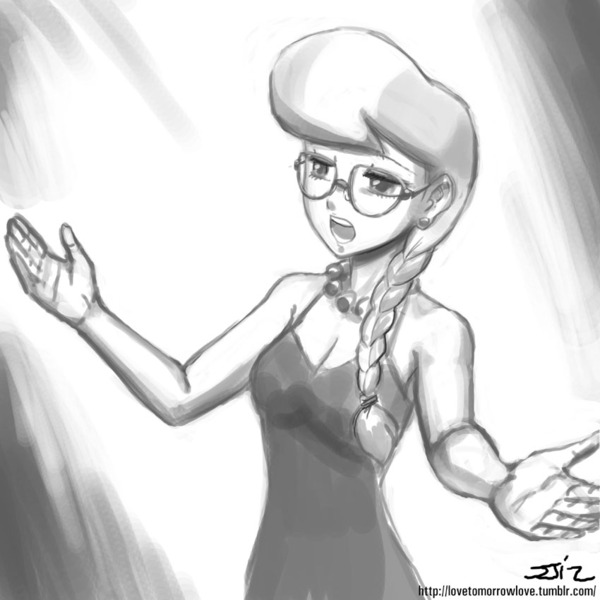 Size: 850x850 | Tagged: adult, artist:johnjoseco, clothes, derpibooru import, dress, female, glasses, grayscale, human, humanized, monochrome, open mouth, safe, silver spoon, solo, spread arms