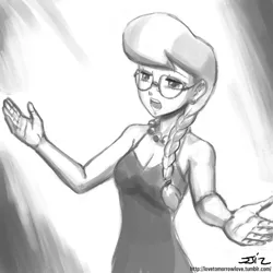 Size: 850x850 | Tagged: adult, artist:johnjoseco, clothes, derpibooru import, dress, female, glasses, grayscale, human, humanized, monochrome, open mouth, safe, silver spoon, solo, spread arms