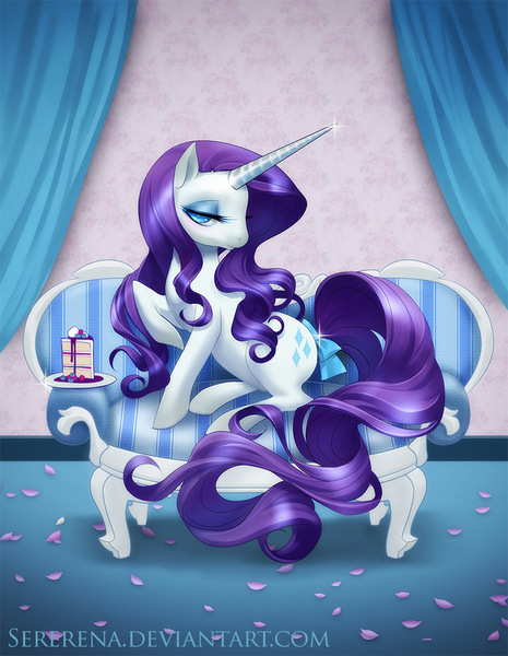 Size: 768x990 | Tagged: safe, artist:sererena, derpibooru import, ponibooru import, rarity, pony, unicorn, bow, cake, couch, female, long horn, mare, raised hoof, sitting, solo, tail bow