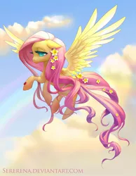 Size: 768x990 | Tagged: safe, artist:sererena, derpibooru import, fluttershy, ladybug, pegasus, pony, colored pupils, cute, female, floppy ears, flower, flower in hair, flower in tail, flying, mare, sky, solo, spread wings, wings