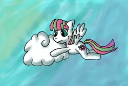 Size: 2236x1509 | Tagged: safe, artist:quackedsquare, derpibooru import, blossomforth, pegasus, pony, cloud, female, flying, mare, sky, solo