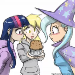 Size: 1059x1059 | Tagged: artist:johnjoseco, blushing, clothes, derpibooru import, derpy hooves, eyes on the prize, female, food, hoodie, human, humanized, muffin, safe, trixie, twilight sparkle