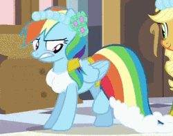 Size: 414x327 | Tagged: safe, derpibooru import, screencap, applejack, rainbow dash, earth pony, pegasus, pony, a canterlot wedding, animated, annoyed, bridesmaid dress, clothes, dress, duo, duo female, female, flower, gif, looking back, looking down, mare, rainbow dash always dresses in style, solo focus