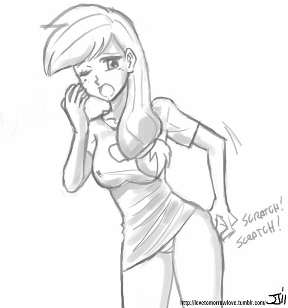 Size: 748x800 | Tagged: applebucking thighs, applejack, artist:johnjoseco, breasts, busty applejack, butt scratch, clothes, derpibooru import, female, grayscale, human, humanized, monochrome, one eye closed, open mouth, panties, solo, solo female, suggestive, underwear, yawn