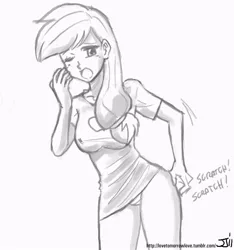 Size: 748x800 | Tagged: applebucking thighs, applejack, artist:johnjoseco, breasts, busty applejack, butt scratch, clothes, derpibooru import, female, grayscale, human, humanized, monochrome, one eye closed, open mouth, panties, solo, solo female, suggestive, underwear, yawn