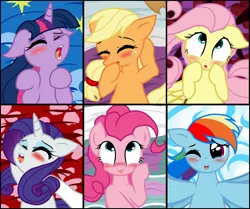 Size: 2387x2000 | Tagged: suggestive, artist:pyruvate, derpibooru import, applejack, fluttershy, pinkie pie, rainbow dash, rarity, twilight sparkle, earth pony, pegasus, pony, unicorn, ahegao, blushing, eyes closed, female, females only, high res, implied belly rubs, implied sex, mane six, mare, o-face, on back, open mouth, orgasm, pov, unicorn twilight