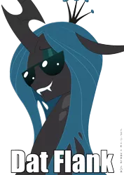 Size: 893x1263 | Tagged: safe, artist:tarajenkins, derpibooru import, queen chrysalis, changeling, changeling queen, cupidite, bust, caption, dat butt, fangs, female, floppy ears, image, image macro, lidded eyes, meme, png, simple background, solo, sunglasses, text, transparent background, tumblr link