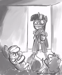 Size: 833x1000 | Tagged: safe, artist:johnjoseco, derpibooru import, apple bloom, scootaloo, smarty pants, sweetie belle, twilight sparkle, earth pony, pegasus, pony, unicorn, lesson zero, crossover, cutie mark crusaders, doorway, female, filly, goofy time, grayscale, insanity, meme, monochrome, mouth hold, twilight snapple