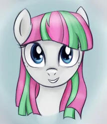 Size: 390x454 | Tagged: safe, artist:fajeh, derpibooru import, blossomforth, pegasus, pony, bust, female, full face view, looking at you, mare, portrait, smiling, solo
