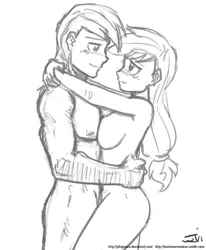 Size: 800x971 | Tagged: applecest, applejack, applemac, artist:johnjoseco, big macintosh, blushing, breasts, brother and sister, busty applejack, derpibooru import, female, grayscale, hug, human, humanized, incest, male, monochrome, naked hug, nudity, shipping, siblings, straight, suggestive