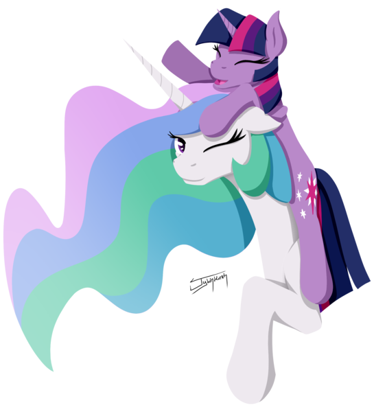 Size: 2000x2200 | Tagged: safe, artist:jykinturah, deleted from derpibooru, derpibooru import, princess celestia, twilight sparkle, alicorn, pony, unicorn, duo, duo female, female, filly, floppy ears, high res, mare, ponies riding ponies, pony hat, simple background, transparent background