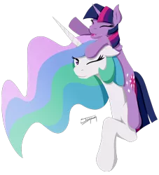 Size: 2000x2200 | Tagged: safe, artist:jykinturah, deleted from derpibooru, derpibooru import, princess celestia, twilight sparkle, alicorn, pony, unicorn, duo, duo female, female, filly, floppy ears, high res, mare, ponies riding ponies, pony hat, simple background, transparent background