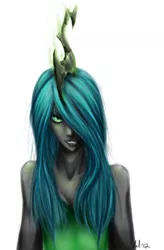 Size: 590x900 | Tagged: artist:missmaeko, breasts, bust, derpibooru import, female, hair over one eye, horned humanization, human, humanized, looking at you, pony coloring, queen chrysalis, safe, simple background, solo, white background