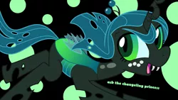 Size: 1366x768 | Tagged: abstract background, artist:syggie, ask the changeling princess, changeling, changeling queen, crown, cute, cutealis, derpibooru import, fangs, female, filly, filly queen chrysalis, foal, freckles, jewelry, looking at you, nymph, open mouth, princess chrysalis, queen chrysalis, regalia, running, safe, smiling, smiling at you, solo, text, wallpaper, younger