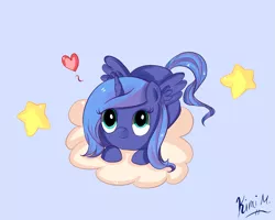 Size: 1373x1101 | Tagged: safe, artist:pklove-chan, derpibooru import, princess luna, alicorn, pony, cloud, female, filly, foal, g4, heart, prone, s1 luna, simple background, solo, stars, woona, younger