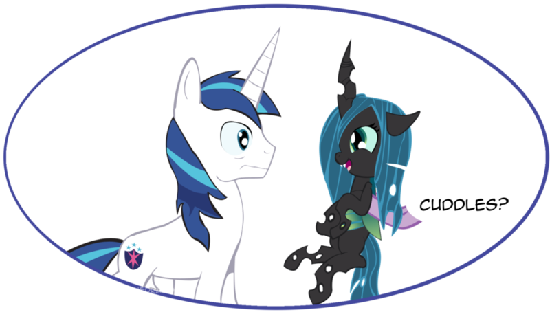 Size: 900x511 | Tagged: artist needed, safe, derpibooru import, queen chrysalis, shining armor, changeling, changeling queen, nymph, pony, unicorn, cute, cutealis, dialogue, eye contact, fangs, female, floppy ears, happy, holding, holding a changeling, image, implied twilight sparkle, looking at each other, male, open mouth, png, simple background, smiling, speech bubble, stallion, transparent background, uncertain