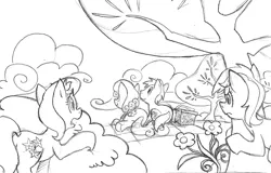 Size: 1000x638 | Tagged: safe, artist:elosande, derpibooru import, daisy, flower wishes, goldengrape, lily, lily valley, roseluck, sir colton vines iii, earth pony, pony, basket, daisygrape, female, flower trio, male, mare, monochrome, picnic basket, picnic blanket, prone, shipping, spying, stallion, straight, tree