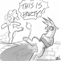 Size: 800x800 | Tagged: safe, artist:johnjoseco, derpibooru import, gilda, pinkie pie, earth pony, gryphon, pony, 300, bipedal, bound, crossover, female, grayscale, kicking, mare, monochrome, parody, this is sparta, well