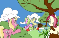 Size: 1000x638 | Tagged: safe, artist:elosande, derpibooru import, daisy, flower wishes, goldengrape, lily, lily valley, roseluck, sir colton vines iii, earth pony, pony, basket, colored, daisygrape, female, flower trio, male, mare, picnic, picnic basket, picnic blanket, prone, shipping, spying, stallion, straight, tree