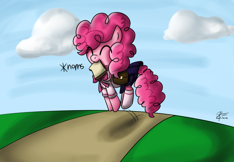 Size: 3450x2400 | Tagged: safe, artist:leadhooves, derpibooru import, pinkie pie, earth pony, pony, clothes, eyes closed, female, filly, foal, happy, high res, nom, pronking, saddle bag, sailor uniform, sandwich, schoolgirl, solo