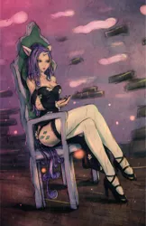 Size: 1752x2700 | Tagged: artist:soranamae, breasts, busty rarity, chair, cleavage, clothes, derpibooru import, discorded, eared humanization, female, femdom, high heels, horned humanization, human, humanized, raridom, rarity, shoulderless, sitting, solo, solo female, stockings, suggestive, tailed humanization