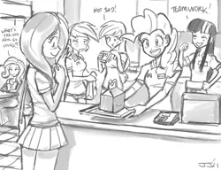 Size: 900x692 | Tagged: applejack, artist:johnjoseco, clothes, derpibooru import, female, fluttershy, grayscale, happy meal, human, humanized, mane six, mcdonald's, monochrome, pinkie pie, rainbow dash, rarity, safe, skirt, twilight sparkle