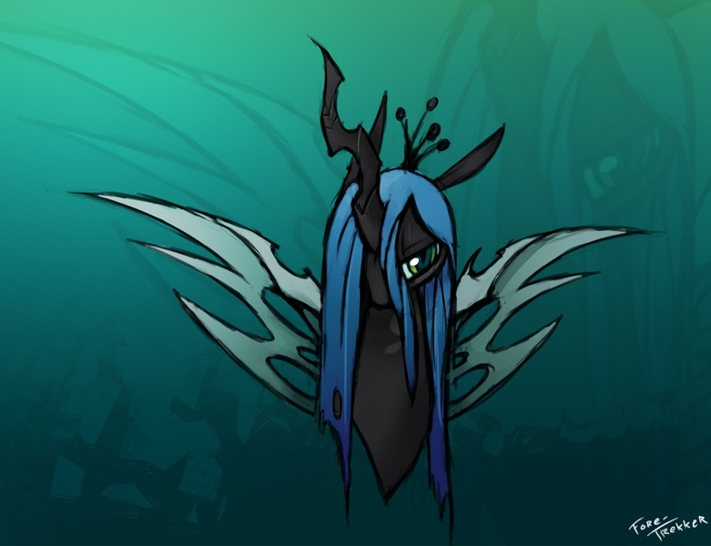 Size: 1067x820 | Tagged: safe, artist:fore-trekker, derpibooru import, queen chrysalis, changeling, changeling queen, bust, female, floppy ears, gradient background, hair over one eye, image, jpeg, looking at you, narrowed eyes, signature, solo, spread wings, wings, zoom layer