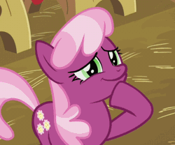 Size: 450x374 | Tagged: safe, derpibooru import, screencap, cheerilee, earth pony, pony, hearts and hooves day (episode), animated, female, gif, hearts and hooves day, mare, reaction image, smiling, solo, stifling laughter, thinking
