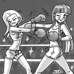 Size: 700x700 | Tagged: safe, artist:johnjoseco, derpibooru import, trixie, twilight sparkle, human, belly button, boxing, boxing gloves, boxing ring, camera flashes, clothes, comedy, crowd, dolphin shorts, eyes closed, female, grayscale, humanized, image, jpeg, kneepits, legs apart, midriff, monochrome, multicolored hair, ring, shorts, side slit, sissy slap fight, skinny, sports bra, tanktop, tomboy, white hair