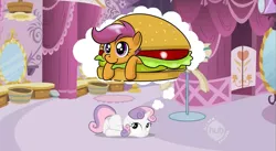 Size: 851x468 | Tagged: safe, derpibooru import, scootaloo, sweetie belle, pony, unicorn, daydream, female, filly, prone, scootaburger, scootie belle