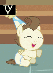 Size: 272x374 | Tagged: safe, derpibooru import, screencap, pound cake, pegasus, pony, baby cakes, animated, baby, baby pony, cropped, diaper, diapered, diapered colt, gif, male, one month old colt, sitting, solo, tv rating, tv-y, white diaper