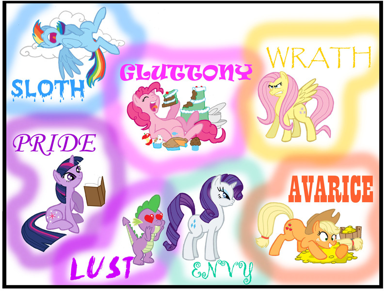Size: 5496x4144 | Tagged: safe, artist:grimwolf01, derpibooru import, applejack, fluttershy, pinkie pie, rainbow dash, rarity, spike, twilight sparkle, dragon, earth pony, pegasus, pony, unicorn, absurd resolution, angry, arrogant, bits, blue text, book, cake, female, flutterbitch, food, glare, greedy, green text, heart eyes, hilarious in hindsight, hoarding, infatuation, jealous, lazy, male, mane seven, mane six, mare, orange text, photoshop, pink text, pinkie being pinkie, pride (deadly sin), purple text, reading, saligia, seven deadly sins, sin of envy, sin of gluttony, sin of greed, sin of lust, sin of pride, sin of sloth, sin of wrath, sleeping, spread wings, unicorn twilight, wingding eyes, yellow text