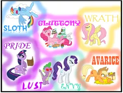 Size: 5496x4144 | Tagged: safe, artist:grimwolf01, derpibooru import, applejack, fluttershy, pinkie pie, rainbow dash, rarity, spike, twilight sparkle, dragon, earth pony, pegasus, pony, unicorn, absurd resolution, angry, arrogant, bits, blue text, book, cake, female, flutterbitch, food, glare, greedy, green text, heart eyes, hilarious in hindsight, hoarding, infatuation, jealous, lazy, male, mane seven, mane six, mare, orange text, photoshop, pink text, pinkie being pinkie, pride (deadly sin), purple text, reading, saligia, seven deadly sins, sin of envy, sin of gluttony, sin of greed, sin of lust, sin of pride, sin of sloth, sin of wrath, sleeping, spread wings, unicorn twilight, wingding eyes, yellow text