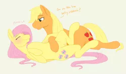 Size: 1713x1011 | Tagged: dead source, safe, artist:cartoonlion, derpibooru import, applejack, fluttershy, earth pony, pegasus, pony, appleshy, bellyrubs, blushing, duo, eyes closed, female, lesbian, mare, missing accessory, on back, prone, shipping, simple background, yellow background