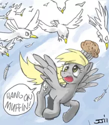 Size: 720x826 | Tagged: safe, artist:johnjoseco, derpibooru import, derpy hooves, bird, pegasus, pony, seagull, female, flying, mare, muffin, solo
