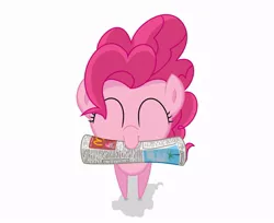 Size: 941x768 | Tagged: safe, artist:frankier77, derpibooru import, pinkie pie, earth pony, pony, behaving like a dog, eyes closed, female, mare, mouth hold, newspaper, pov, smiling, solo