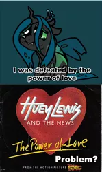 Size: 700x1177 | Tagged: safe, derpibooru import, queen chrysalis, changeling, changeling queen, back to the future, caption, chibi, fangs, female, floppy ears, huey lewis and the news, image, image macro, jpeg, meme, sad, sitting, solo, teary eyes, text, the power of love