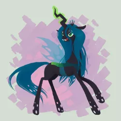 Size: 800x800 | Tagged: safe, artist:stapledslut, derpibooru import, queen chrysalis, changeling, changeling queen, abstract background, fangs, female, floppy ears, frown, glowing horn, image, magic, open mouth, png, raised hoof, smiling, solo, standing