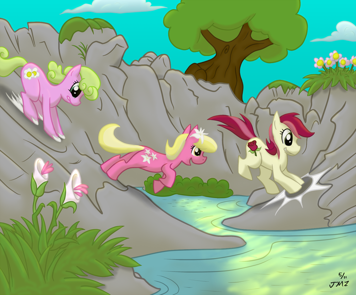 Size: 1600x1328 | Tagged: safe, artist:elosande, derpibooru import, daisy, flower wishes, lily, lily valley, roseluck, earth pony, pony, colored, female, flower, flower trio, jumping, mare, running, smiling