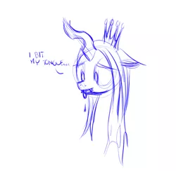 Size: 1048x1021 | Tagged: safe, artist:nasse, derpibooru import, queen chrysalis, changeling, changeling queen, bleeding, blood, bust, cute, cutealis, dialogue, female, floppy ears, frown, image, monochrome, png, portrait, sad, simple background, sketch, solo, white background