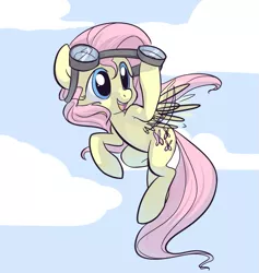 Size: 787x830 | Tagged: safe, artist:briskby, derpibooru import, fluttershy, pegasus, pony, cute, female, flying, goggles, mare, moe, sky, smiling, solo