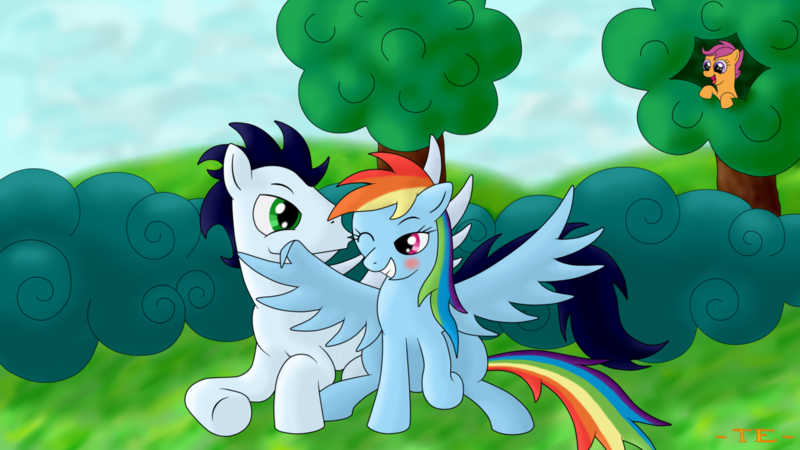 Size: 1280x720 | Tagged: safe, artist:thunderelemental, derpibooru import, rainbow dash, scootaloo, soarin', pegasus, pony, blushing, female, filly, kiss on the cheek, kissing, male, mare, shipping, sitting, soarindash, stallion, straight, tree, voyeurism