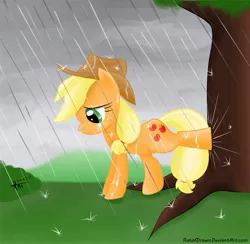 Size: 655x640 | Tagged: safe, artist:ratofdrawn, derpibooru import, applejack, earth pony, pony, bucking, crying, female, mare, photoshop, rain, sad, solo, tree