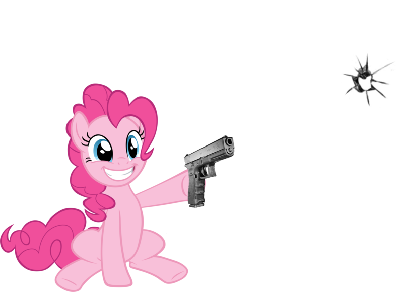 Size: 1739x1261 | Tagged: artist needed, safe, derpibooru import, pinkie pie, earth pony, pony, bullet hole, female, fourth wall, gun, mare, simple background, sitting, smiling, solo, transparent background, weapon