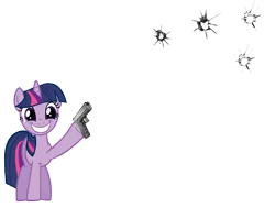Size: 2019x1517 | Tagged: artist needed, safe, derpibooru import, twilight sparkle, pony, unicorn, bullet hole, female, fourth wall, gun, mare, simple background, smiling, solo, transparent background, weapon