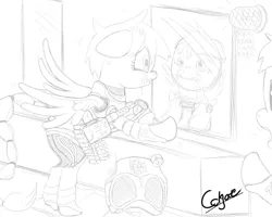 Size: 1280x1024 | Tagged: safe, artist:colgatefim, derpibooru import, oc, oc:sunset sherbet, unnamed oc, unofficial characters only, pegasus, pony, fallout equestria, fanfic, armor, battle saddle, black and white, clothes, crying, dashite, duo, enclave armor, fanfic art, fear, female, grayscale, gun, hooves, lineart, mare, monochrome, power armor, simple background, soldier, traditional art, uniform, weapon, white background, wings