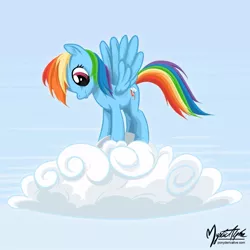 Size: 825x825 | Tagged: safe, artist:mysticalpha, derpibooru import, rainbow dash, pegasus, pony, cloud, cute, cutie mark, ear fluff, female, hooves, looking down, mare, on a cloud, smiling, solo, spread wings, standing, standing on cloud, wings